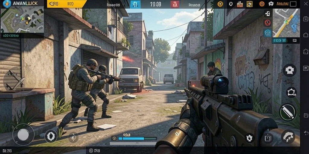 Screenshot gameplay AWANLUCK menampilkan pertarungan FPS yang intens.