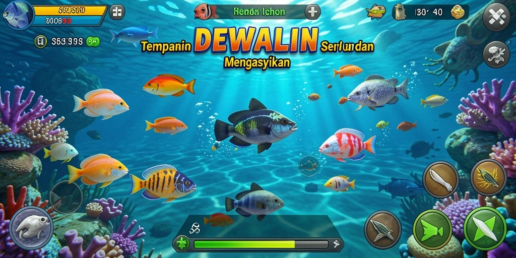 Tangkapan layar gameplay DEWALIN yang menampilkan aksi menembak ikan.