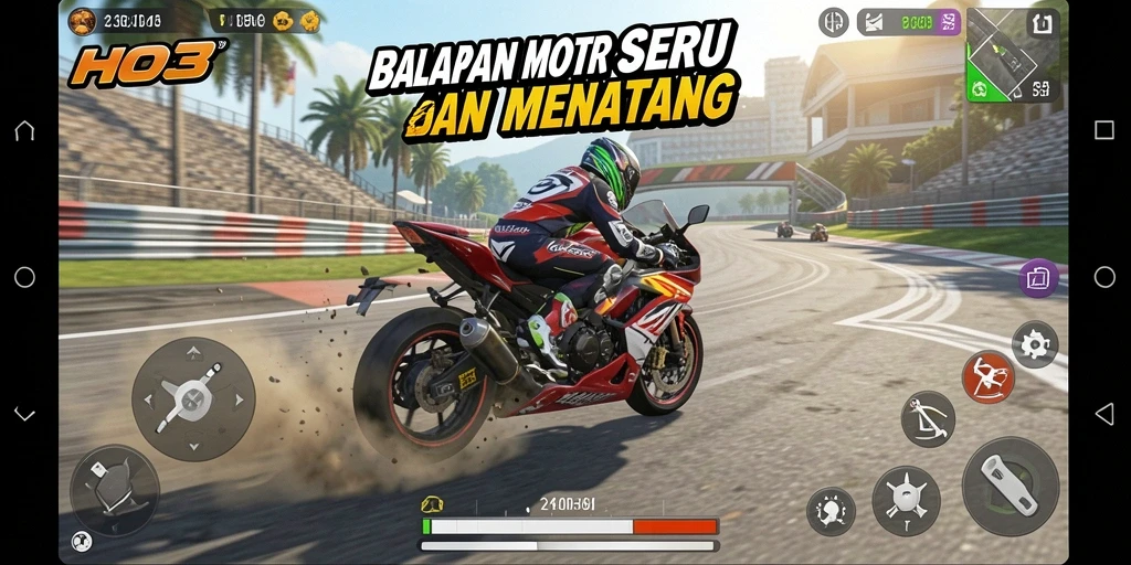 Tampilan screenshot gameplay HO3 memperlihatkan aksi balapan motor seru.