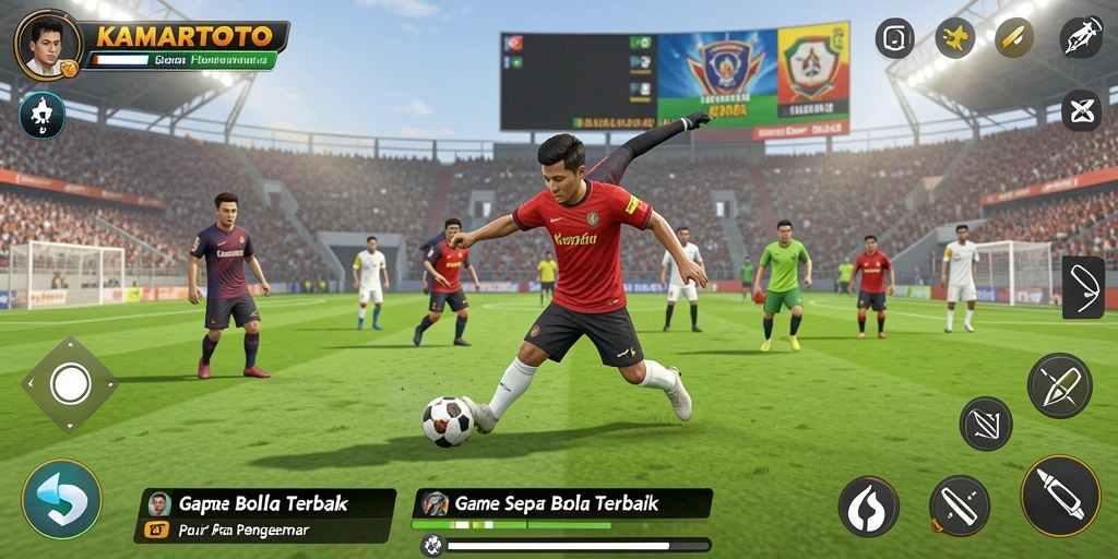 Tampilan gameplay KAMARTOTO dengan aksi sepak bola yang mendebarkan.