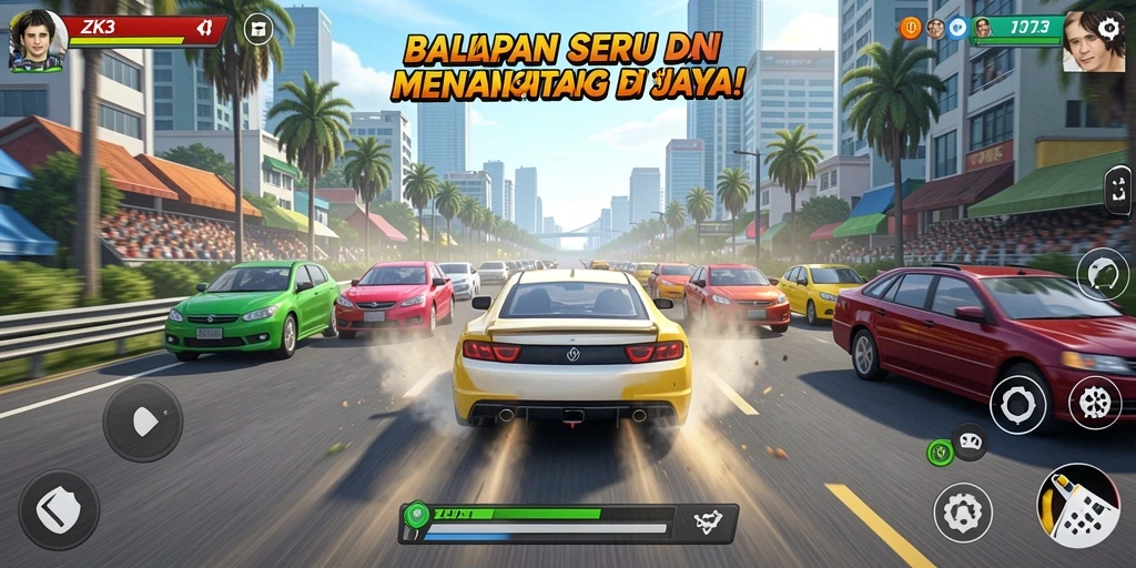 Screenshot gameplay ZK3 yang penuh aksi balapan cepat.